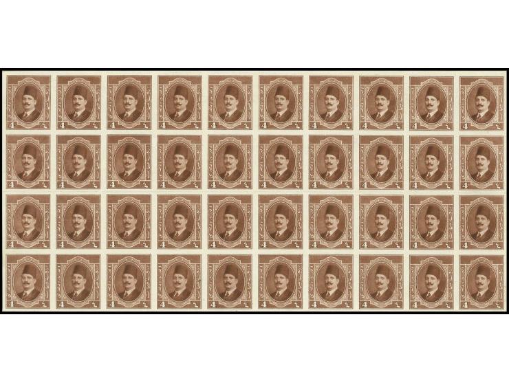 1923, Fuad 4 m. red-brown (similar to the issued colour of the 5 m.), a superb imperforate Proof block of 40 (10x4) unused, w