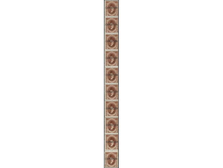 Coil Machine vending Trials. 5 m. red-brown in a vertical strip of 10 stamps all overprinted "Cancelled" in black. The Trial 