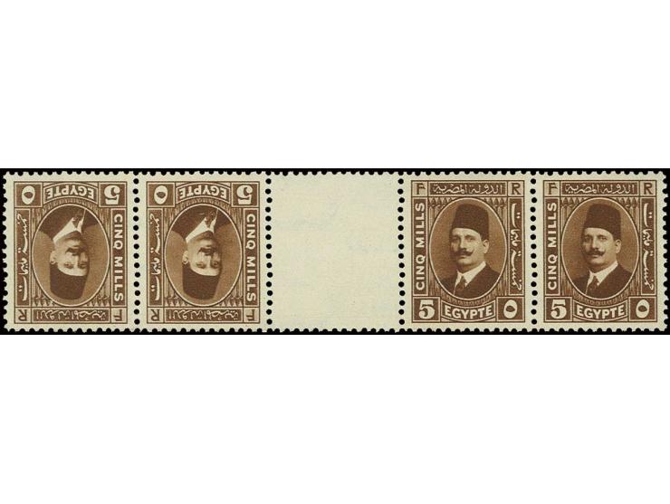 1927/32, 5 m. deep chestnut brown, a superb horizontal strip of four showing central stamps tete-beche either side of interpa
