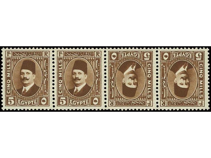 5 m. deep chestnut brown, a superb horizontal strip of four showing central stamps tete-beche. A delightful and scarce piece,