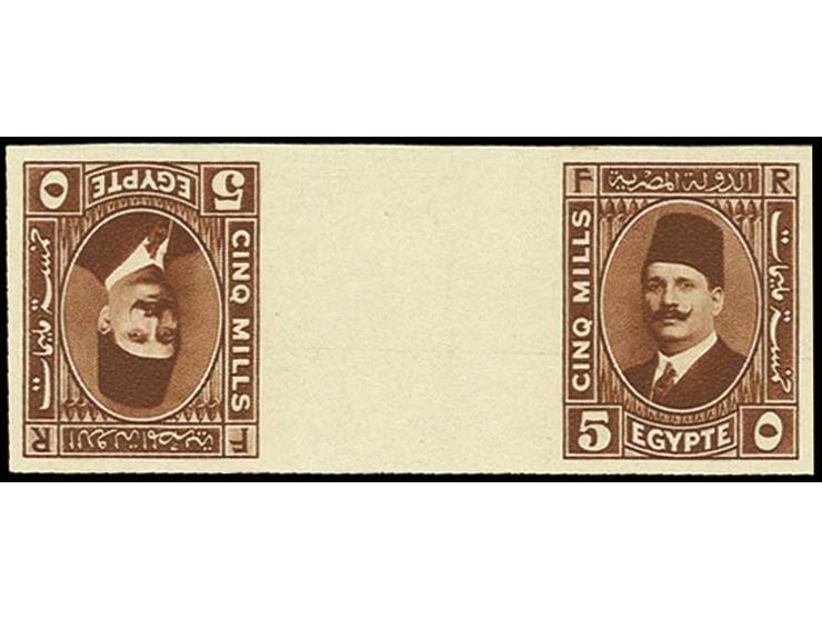 5 m. deep chestnut brown, a imperforate interpanneau tete-beche pair. A delightful and scarce piece (Nile Post D112k = $ 400)