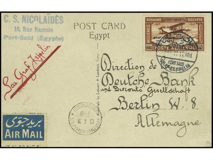 1931, Zeppelin 50 m. on 27 m., a fine example used on April 1931 postcard to Germany cancelled by scarce "Port Said / Graf Ze