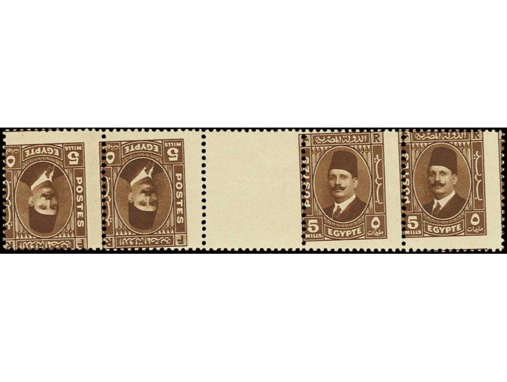 5 m. deep red brown, superb mint strip of four with Farouk oblique perforations, the interpanneau tete-beche strip of four, f