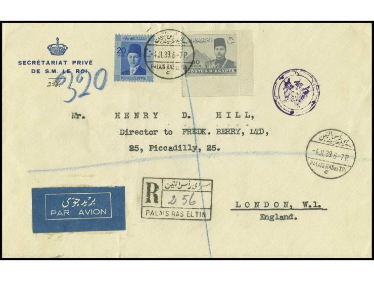 20 m. blue and 30 m. grey used on attractive 1939 registered (imprinted Secétariat Privé de S.M. Le Roi) cover to London tied