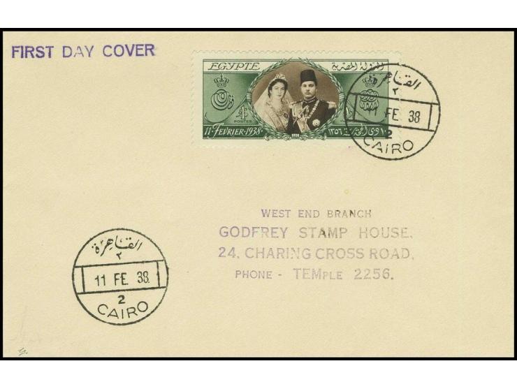 1938, 1 £ green & sepia, a superb used example tied to First Day Cover from Cairo. Scarce and very fine