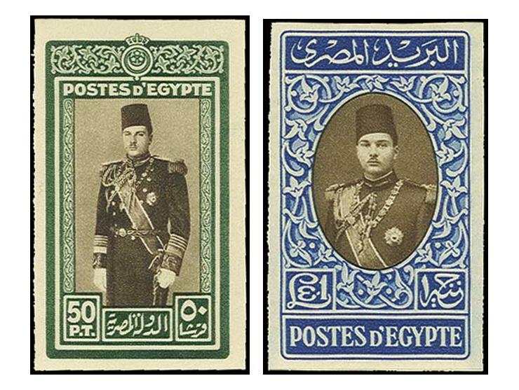 1939/40: 50 pia. green & sepia and One Pound blue & brown, imperforate examples on watermarked paper, fresh and fine, unmount