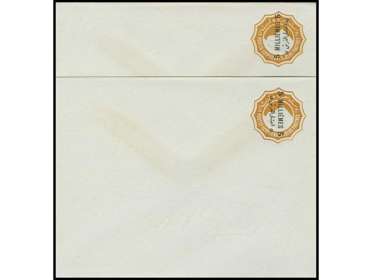 1892: Provisional 5 m. on 2 pia. orange postal stationery envelopes (2), 24 to 25 m. surcharges in black, one with variety su