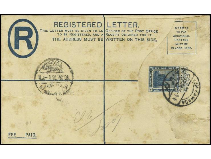1913: 10 m. blue registered postal stationery envelope, English text only, a used example cancelled at "Kom Hamada" (10.AP.19
