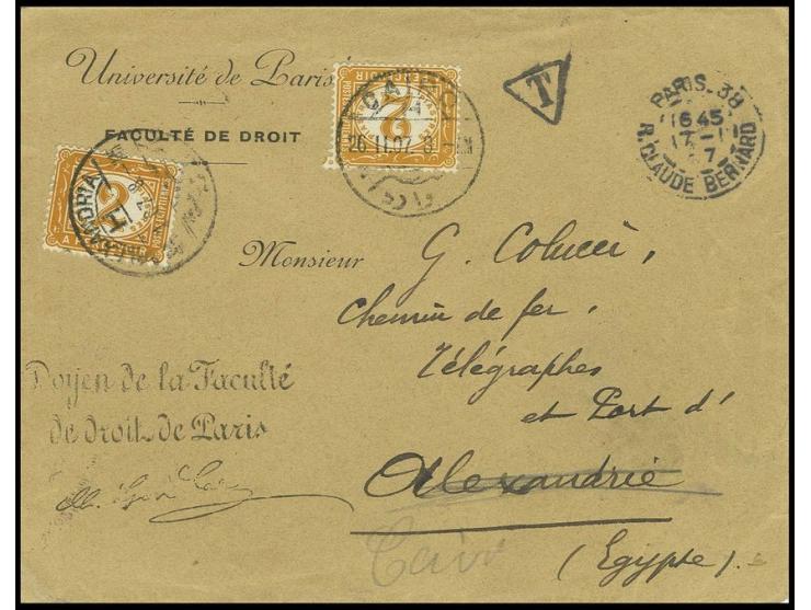 2 pia. orange, two examples tied to unpaid 1907 cover from Paris (Feb 17)  to Alexandria; one cancelled on arrival at Alexand
