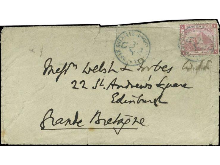 "POSTE EGIZIANE ASSOUAN" in blue on 1879, 1 pia. rose on cover to England with repeated strike alongside; transit and arrival