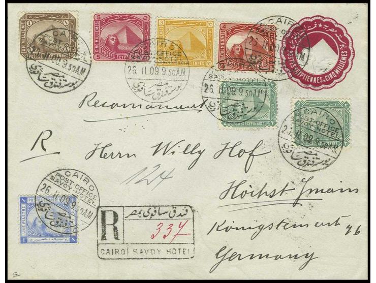 "CAIRO POST OFFICE SAVOY-HOTEL 26.II.09", 6 clear strikes on  postal stationery envelope 5 m. with colourful franking as regi
