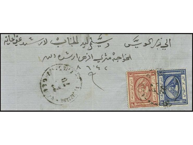 "POSTE VICE-REALI EGIZIANE / GEDDA 22..70" on 1867, 1 pia. red and 2 pia. blue on large piece of cover with additional strike
