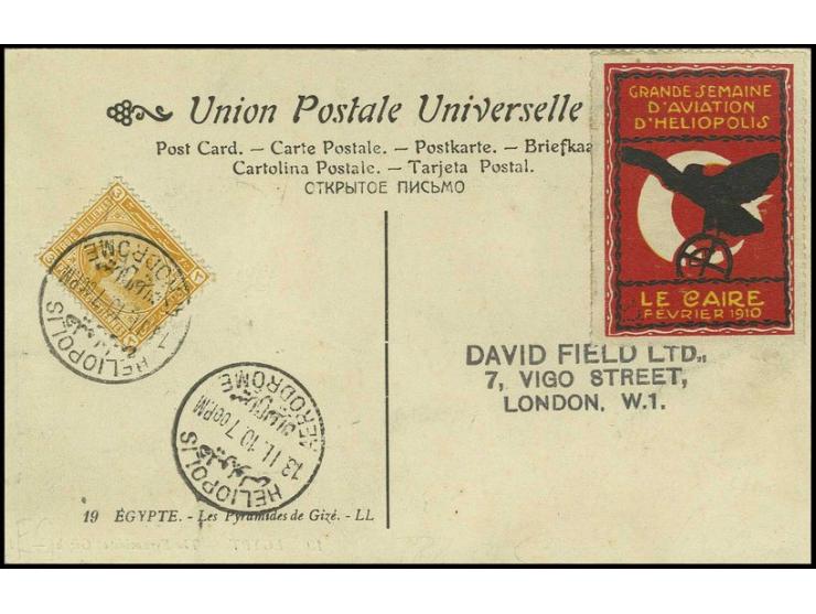 "HELIOPOLIS AERODROME 13.II.10", 2 strikes on postcard to London with perforated label "Grande Semaine D´Aviation D´Heliopoli