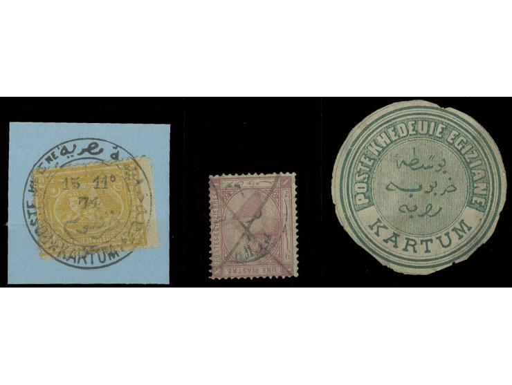 "POSTE KHENE KARTUM 15 11 74", large part of bilingual double circle on 1872, 2 pia. yellow, very rare, only a few single sta