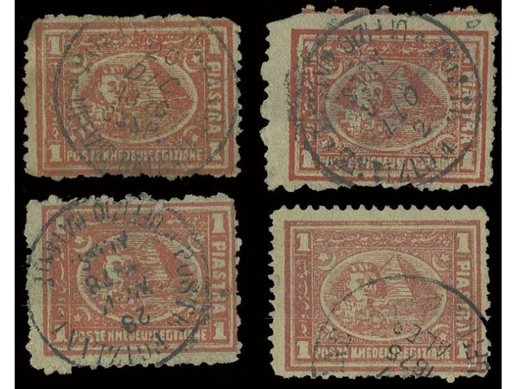 "POSTE EGIZIANE UFFIZIO NATANTE COSP." resp. "ALES" in 2 different types on 4 copies 1872/75, 1 pia. red, small faults