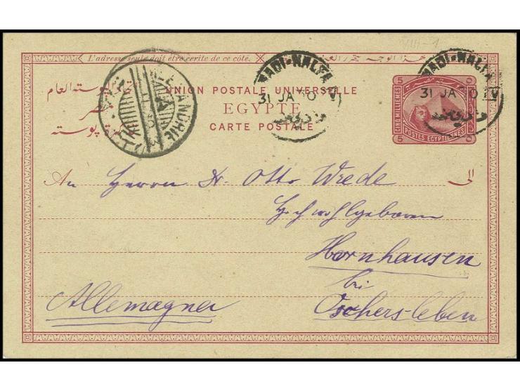 "WADI-HALFA 31 JA 90" on 5 m. rose postal stationery card mailed to Hornhausen, Germany; written on board the "Semneh",  Alex