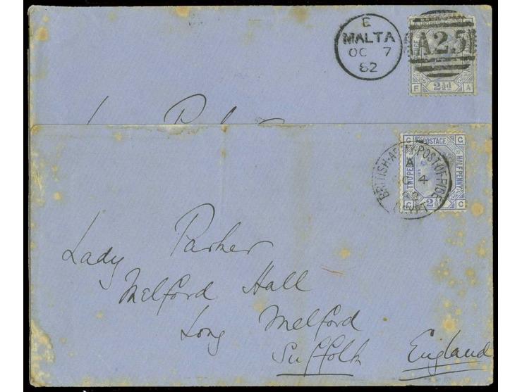 1882, Arabi Rebellion: Cover to Lady Parker in Long Melford, Suffolk franked by Great Britain 2 1/2 d. blue pl. 22 tied by "B