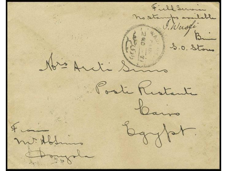 Dongola Expedition. 1896 (Nov 2): Stampless envelope endorsed at lower left "From Mr. A. B. Simms / Dongola" and, at upper ri