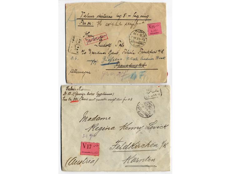 1932, "V17 / Alexandrie", pink label on value declared sealed envelope with adjacent boxed "Insured / Assuré" to Austria and 