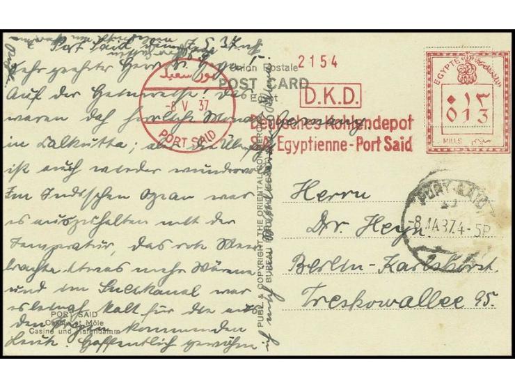 "D. K. D. / Deutsches Kohlendepot S.A. Egyptienne-Port Said" free post machine cancellation in red with Egypt 13 mills franki