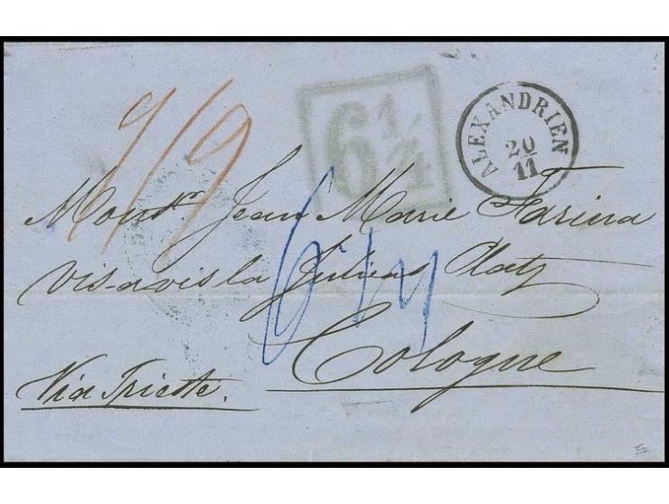 1856,  Entire letter to Cologne struck with superb "Alexandrien" cds of despatch, rated in red crayon ´9/9´ (kreuzer, land an