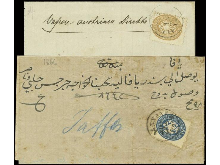 1865: 10 s. blue and 15 s. brown, both perf. 9 1/2, each on seperate covers, with 10 s. on 1866 aged cover to Jaffa tied by "