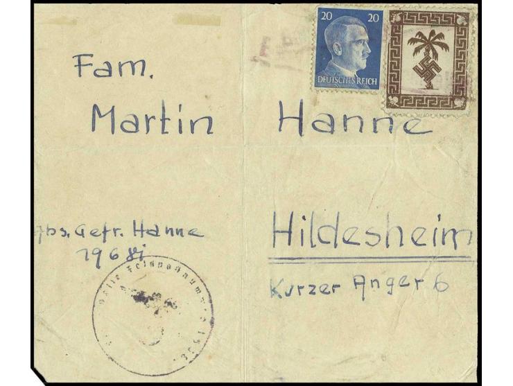 1943, Tunis-Päckchenmarke mit obligatorischer Zufrankatur Hitler 20 Pfennig mit einzeiligem Päckchenstempel "bei der Feldpost