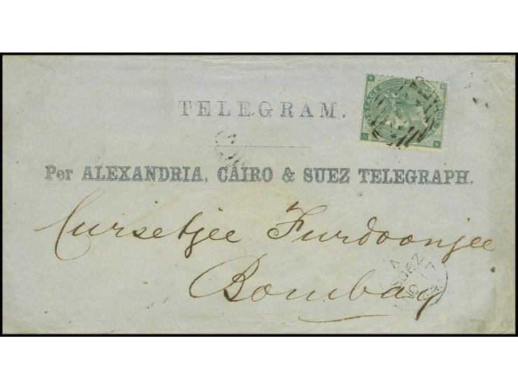 1862, 1 sh. green, corner fault repaired at lower right, used on "Telegram / Per Alexandria, Cairo & Suez Telegraph" envelope