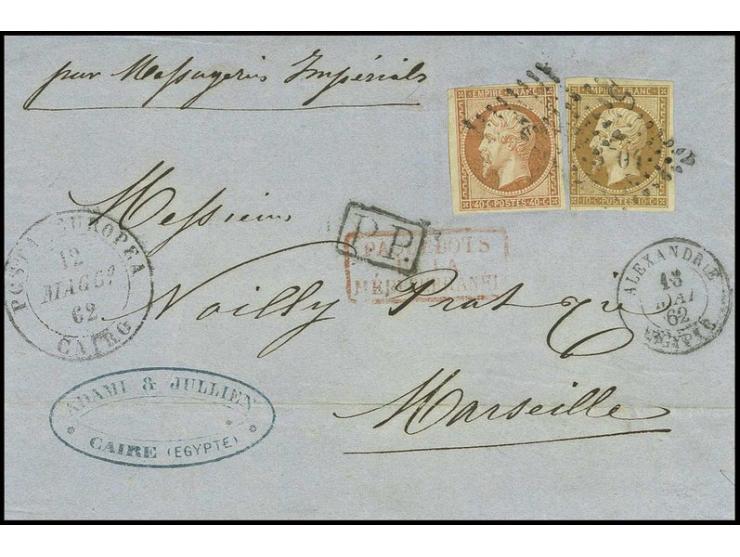 1862, Entire letter from Cairo to Marseille, struck with circular "Posta Europea / Cairo" in black (Type IV), franked in Alex