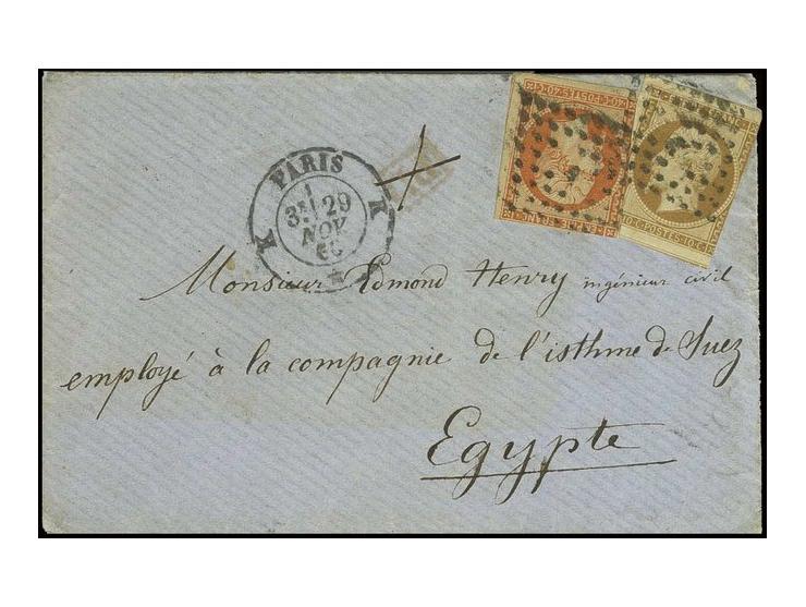 10 c. bistre and 40 c. orange, both with large to cut into margins, used on small November 1860 incoming cover from Paris, ad
