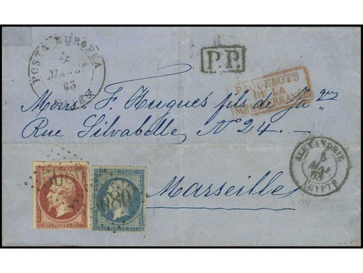 1863, Combination cover from Cairo to Marseille with circular "Posta Europea / Caire" in black (Type IV) and franked at Frenc