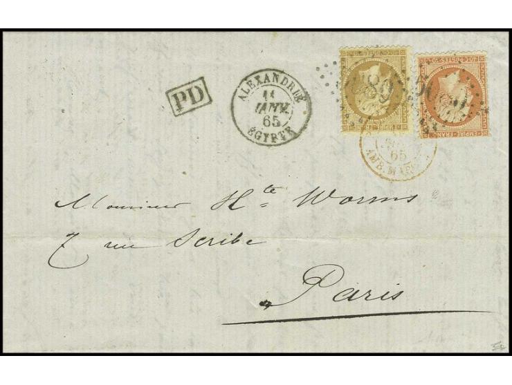 Napoleon 10 c. bistre and 40 c. orange, upper perfs. trimmed, used on fine 1865 entire letter to Paris cancelled by ´5080´gro