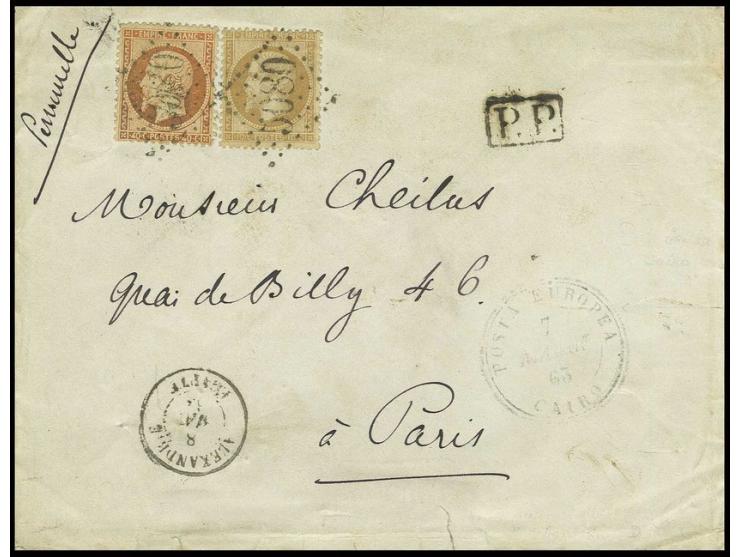 10 c. bistre and 40 c. orange used on 1863 combination cover from Cairo to Paris, tied by gros chiffres ´5080´ with framed "P