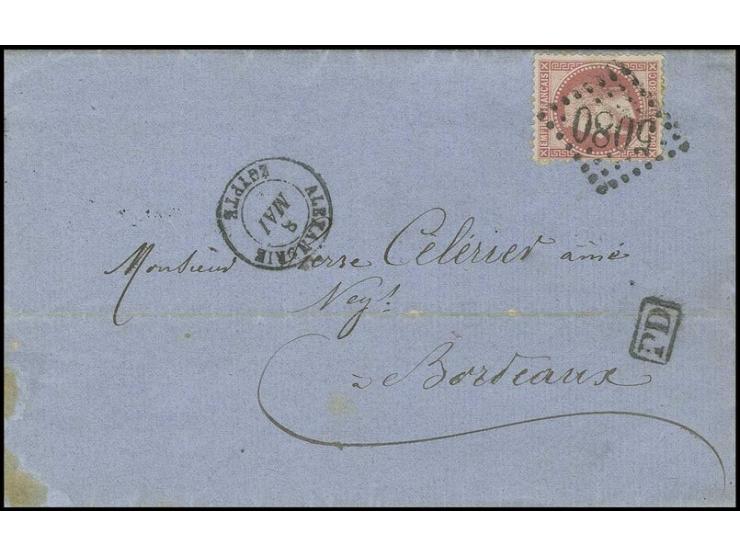 1872, Entire letter from Alexandria to Bordeaux franked by 1863/67 80 c. carmine rose tied by bold ´5080´gros chiffres. Alexa
