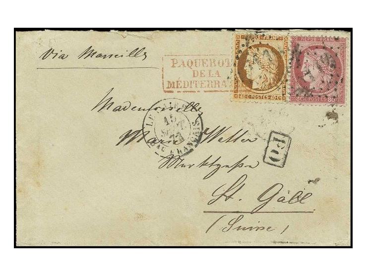 1873, Siège 40 c. orange and 1871/75 80 c. rose used on small envelope to St. Gallen, Switzerland tied by poor strikes of Cai