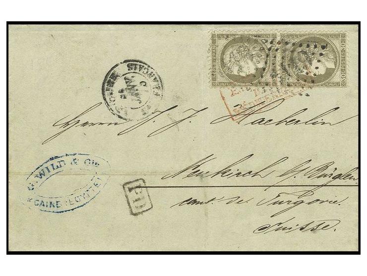 1871/75, Ceres 30 c. bistre brown vertical pair used on entire letter from Cairo to Switzerland, tied by  ´5119´gros chiffres