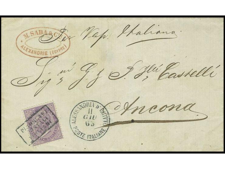 1863, Entire letter with Italy 1863 60 c. lilac tied by small cartridge "Piroscafi / Postali / Italiani" in blue-black, with 