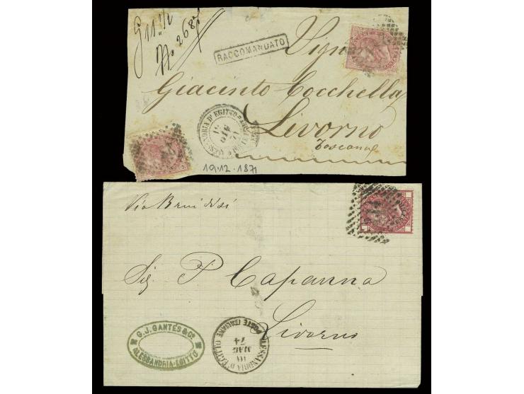 1874, "Estero" 40 c. carmine rose used on cover to Livorno cancelled by ´234´ numeral obliterator with Alessandria D´Egitto" 