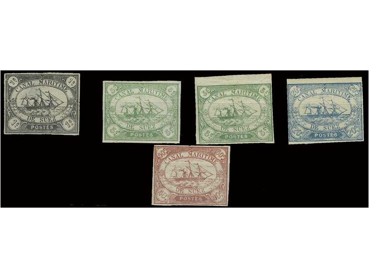Suez Canal Company. 1868, 1 c. black with large margins all round, unused with slight thin; 5 c. green fresh mint example and