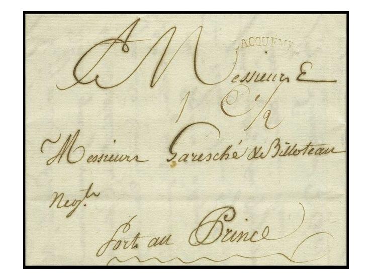 "LACQUEMEL", in brown, good strike on entire letter to Port-au-Prince, very scarce