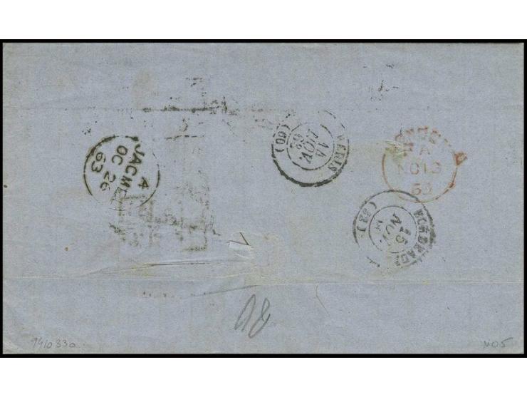1863, "JACMEL OC 26 63" on reverse of entire letter to Bordeaux with frontside boxed "GB/1F60C", several transit and arrival 
