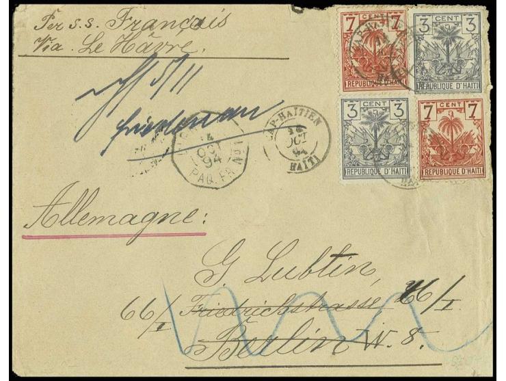 1891, 3 c. grey (2) and 1893, 7 c. red (2), tied to cover from "CAP-HAITIEN 14 OCT 94" with adjacent "LIGNE..." to Germany, h