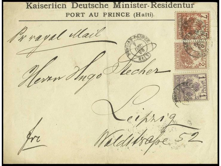 1893, 1 c. violet, 7 c. red with 1896, 2 c. brown, tied to envelope to Germany with transit and arrival marks on reverse; cov