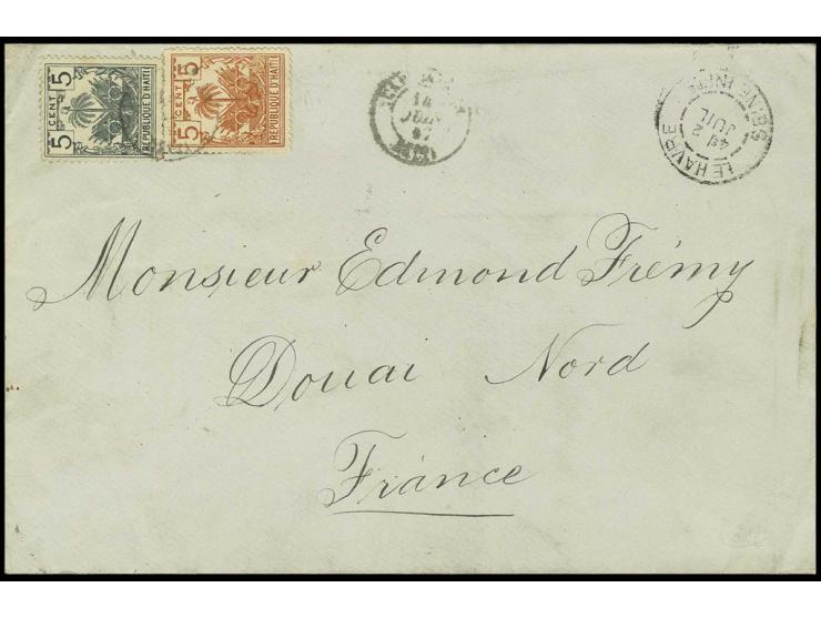 5 c. orange with 1896, 5 c. grey, tied to cover from Cap Haitien 1897 to France with transit and arrival marks
