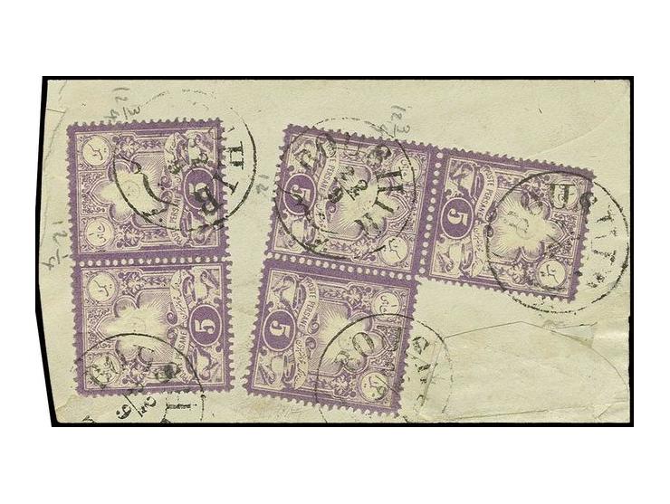 1881, lithograph 5 ch. purple, block of 3 and horizontal pair tied by cds. "BOUSHIR 22/9" to reverse of small envelope to Shi