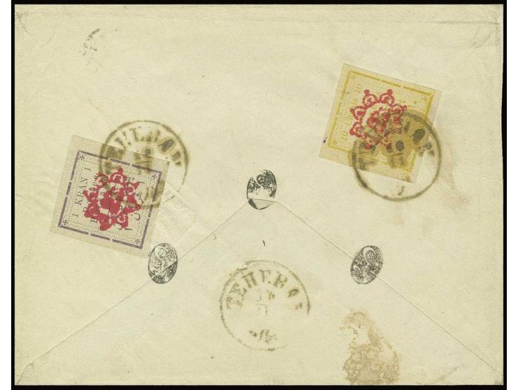 Type II: 10 ch. with type I 1 kr., tied by Teheran cds. to reverse of registered cover with register label on front, fine