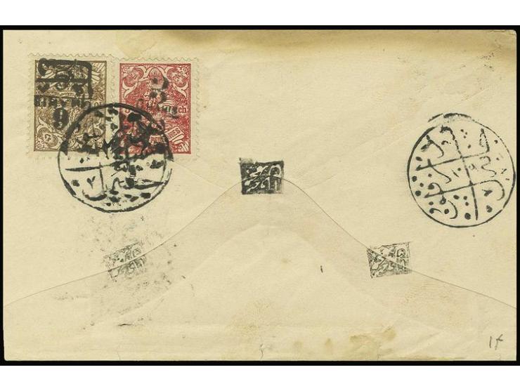 1904, 3 ch. on 5 ch. and 6 ch. on 10 ch. tied by seal cancellation of Dizful to reverse of cover to Hamadan, fine