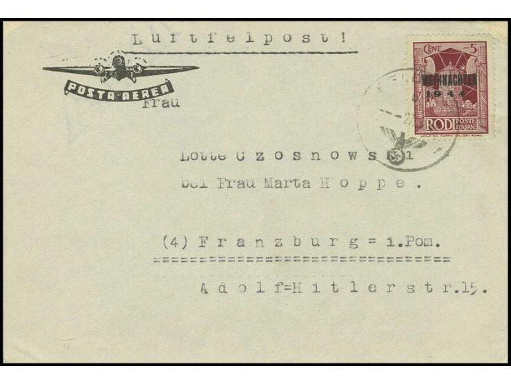 Rhodos-Weihnachtsmarke in Type II mit Tagesstempel "FELDPOST b 27.3.45" auf Brief eines Angehörigen des Stabes Festungs-Infan