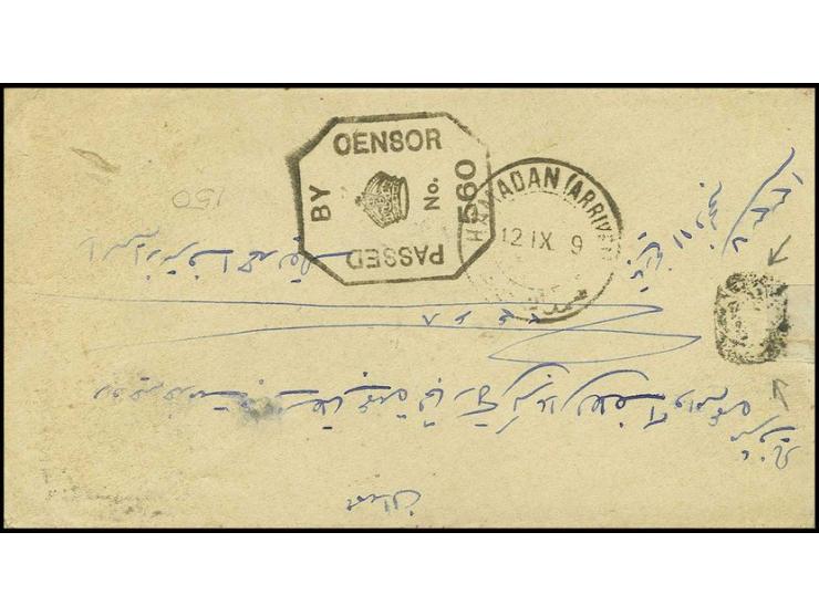 "Censored in Kurdistan", small square negative seal on reverse of cover from Senneh to Hamadan, on front franked with 1919, p