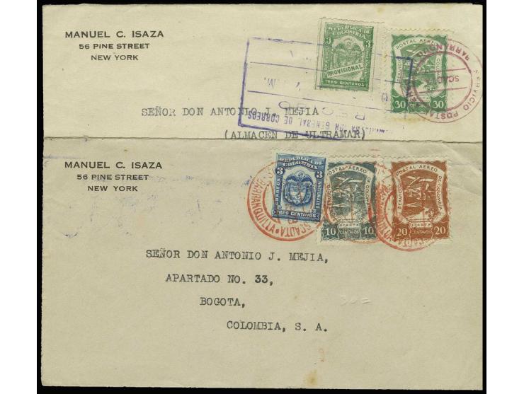 Landscapes 10 and 20 c. resp. 30 c., both with Columbia additional franking and tied by red "BARRANQUILLA" cds. to 2 covers f